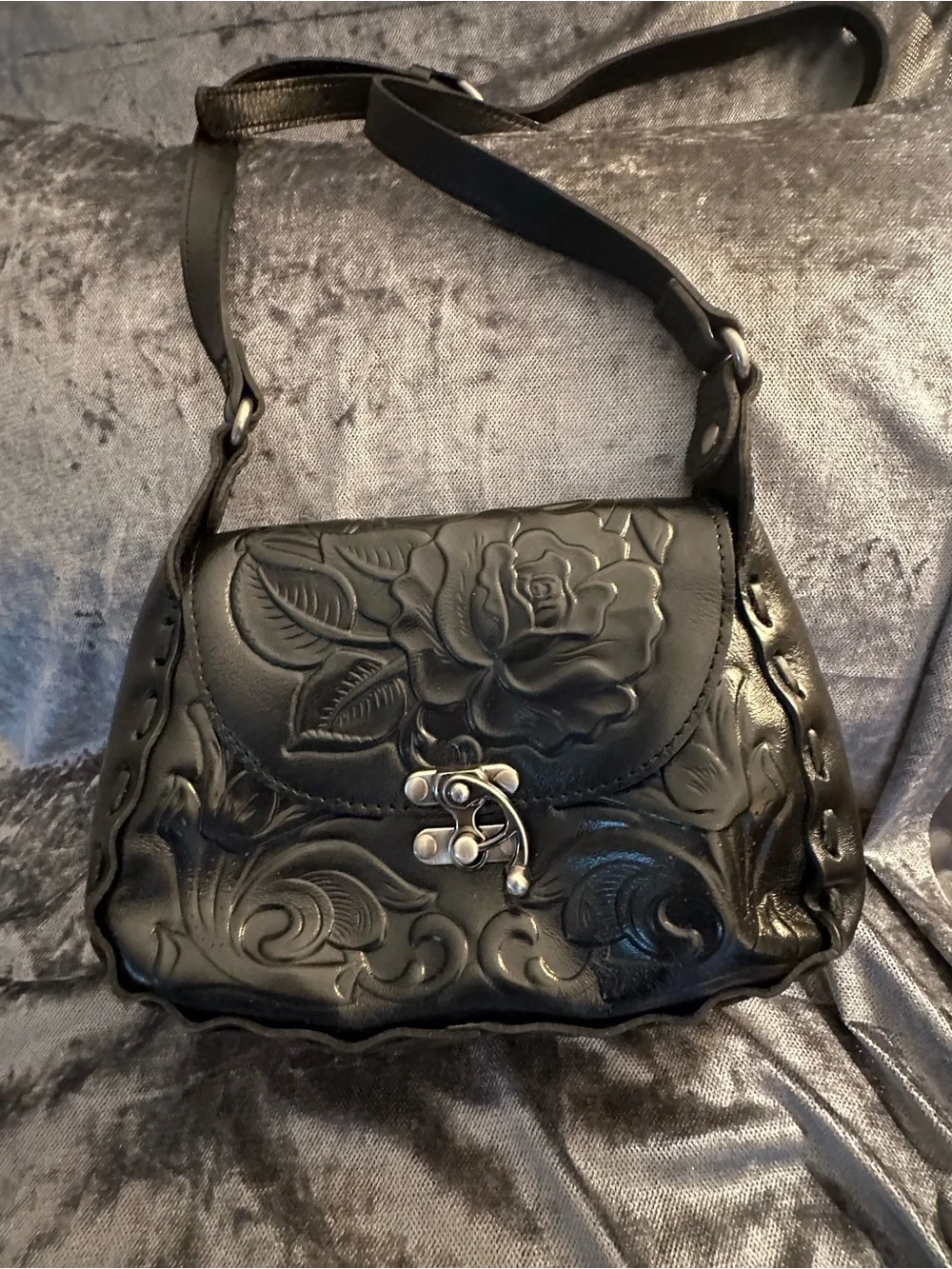 Patricia Nash Black Floral Embossed Crossbody Bag